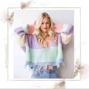 NWT Frayed Pastel Color Block VNeck Slouch Sweater